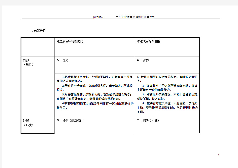 教师个人自我诊断SWOT分析表