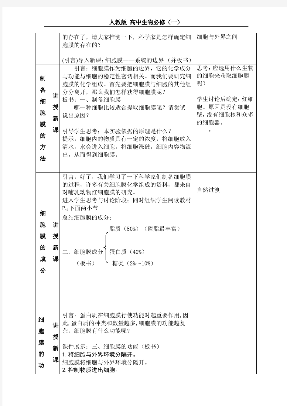 细胞膜——系统的边界 教案