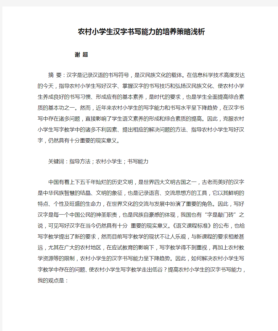 农村小学生汉字书写能力的培养策略浅析