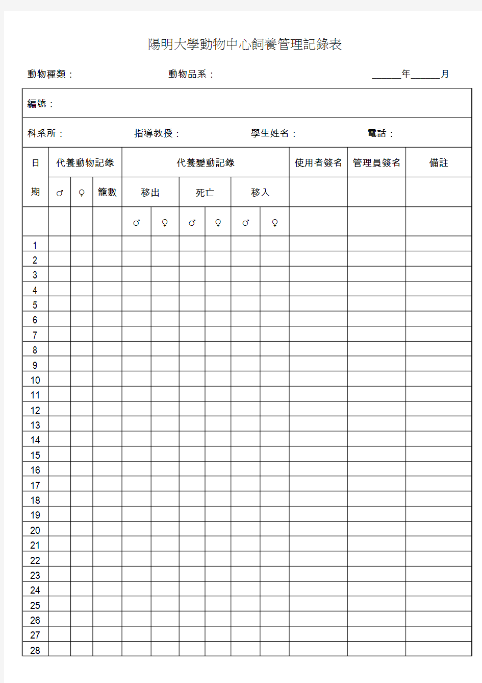 实验动物饲养管理记录表