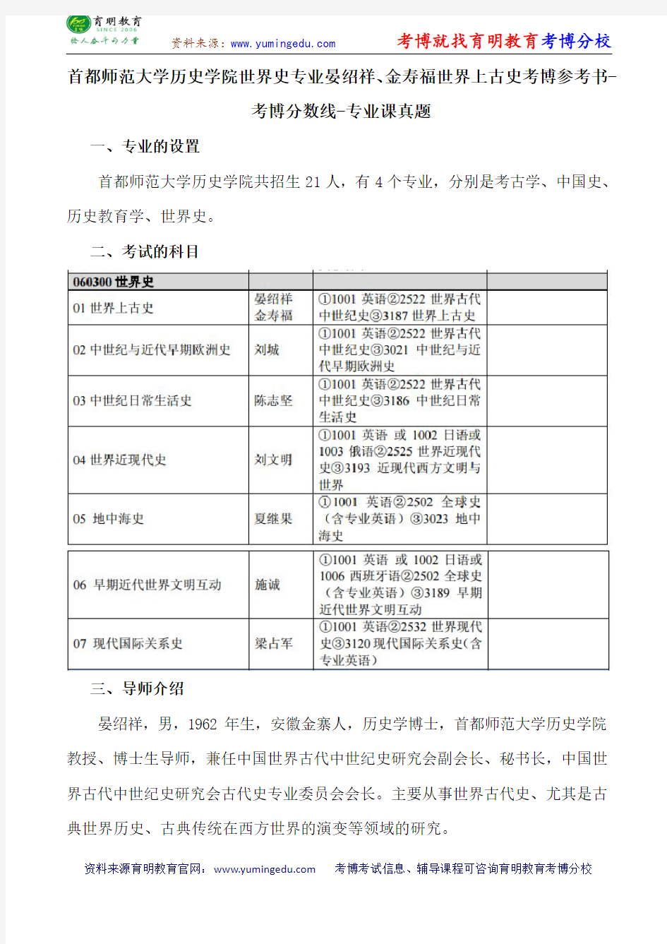 首都师范大学历史学院世界史专业晏绍祥、金寿福世界上古史考博参考书-考博分数线-专业课真题