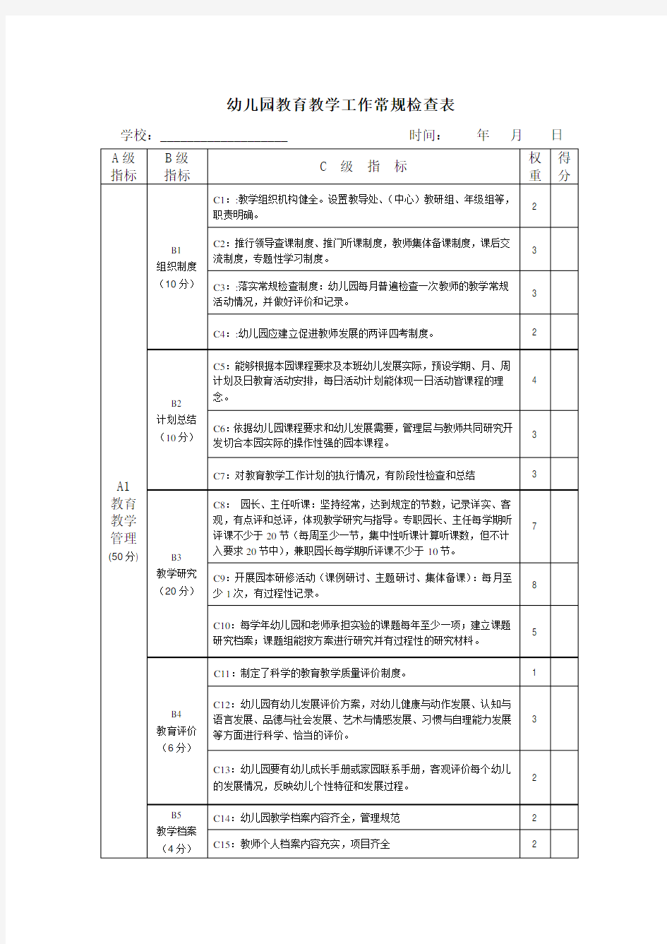 幼儿园检查表