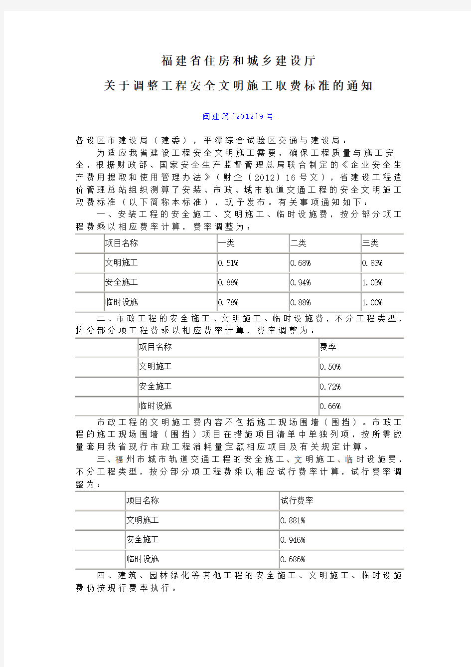 安全文明施工费 闽建筑【2012】9