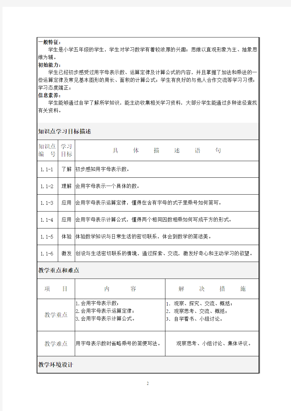 课堂教学设计表(用字母表示数)