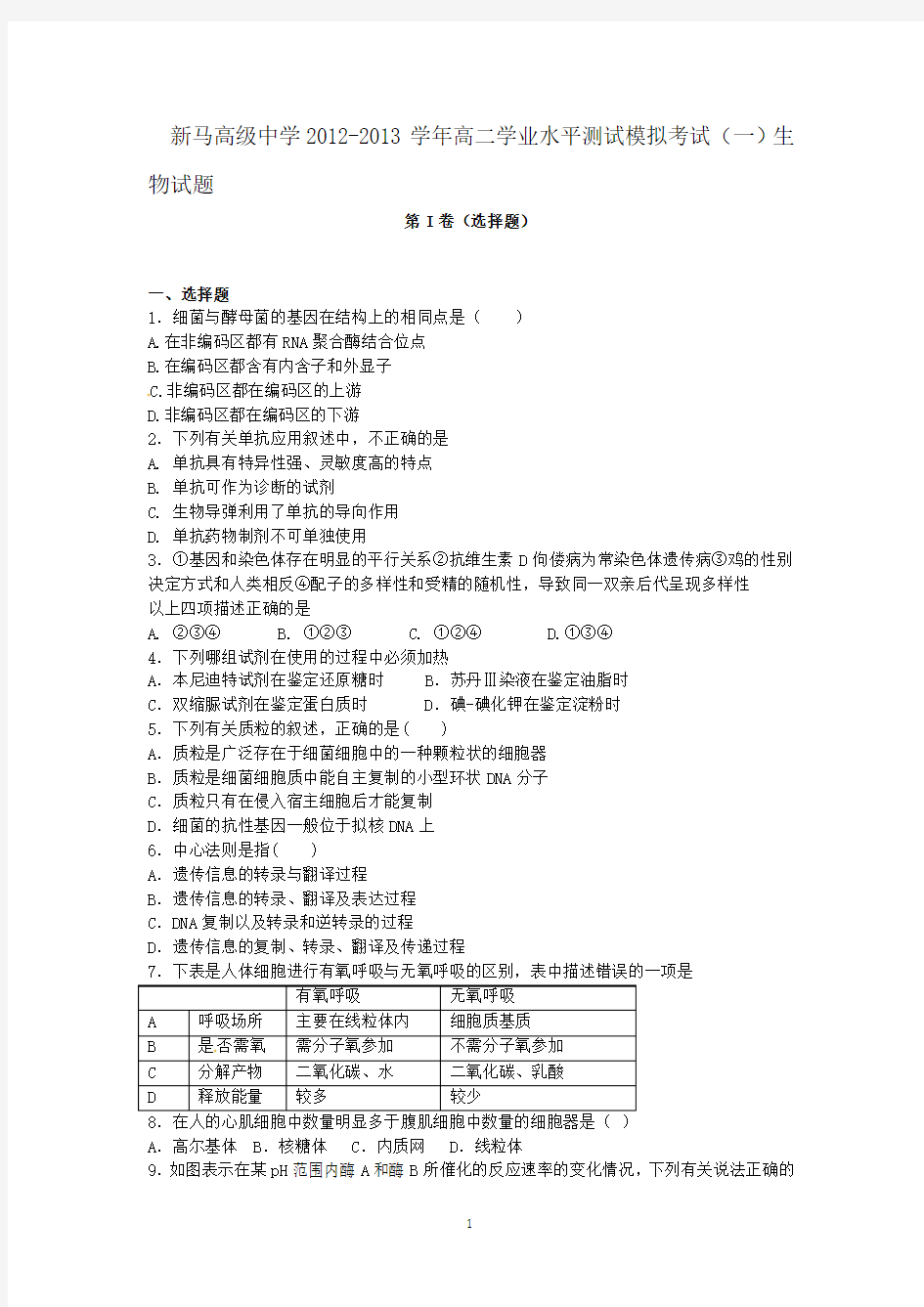4 历史-盱眙县新马高级中学2012-2013学年高二学业水平测试模拟考试(一)生物试题