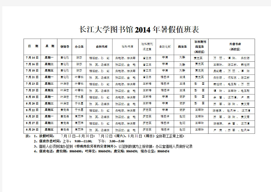 长江大学图书馆2014年暑假值班表