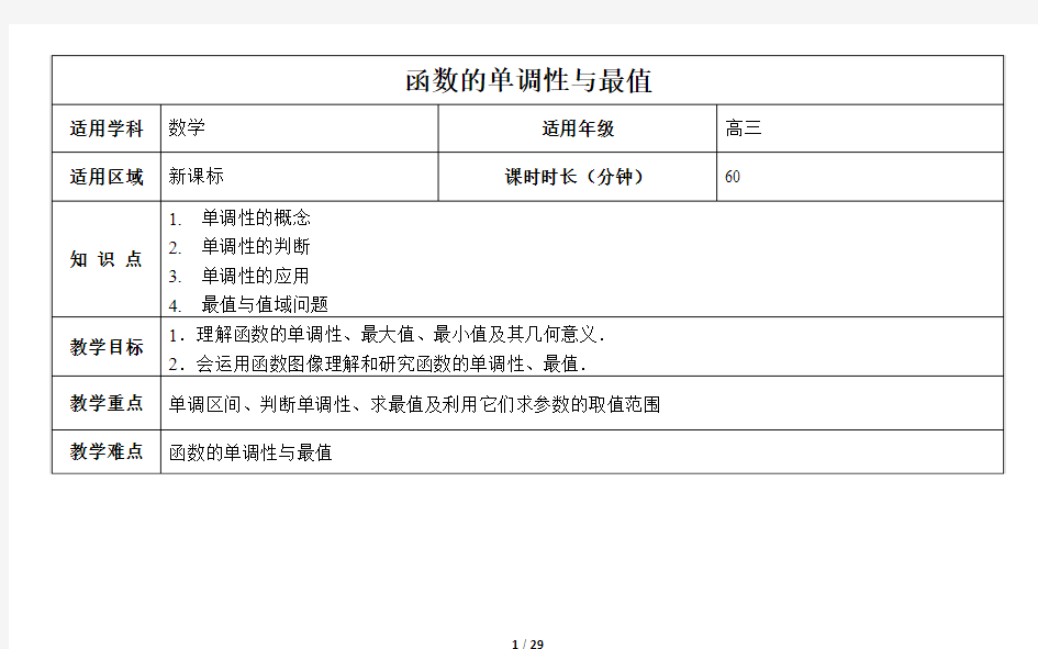 《2.3函数的单调性与最值》  教案