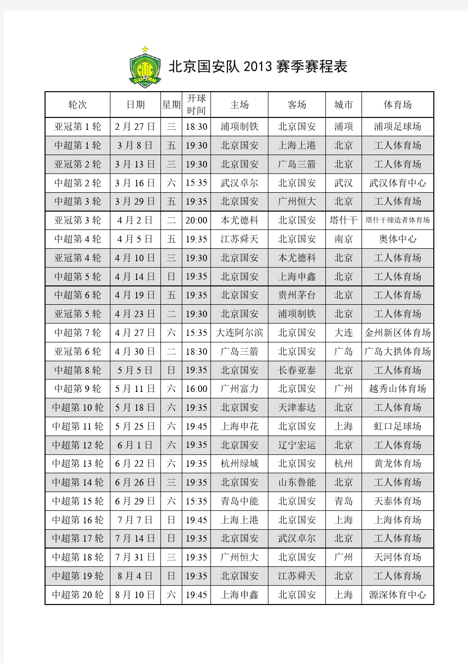 2013赛季北京国安赛程表(完整打印版)