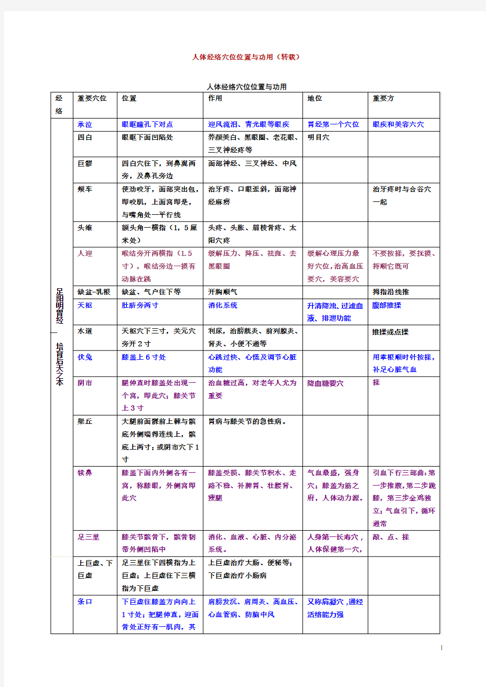 人体经络穴位位置与功用