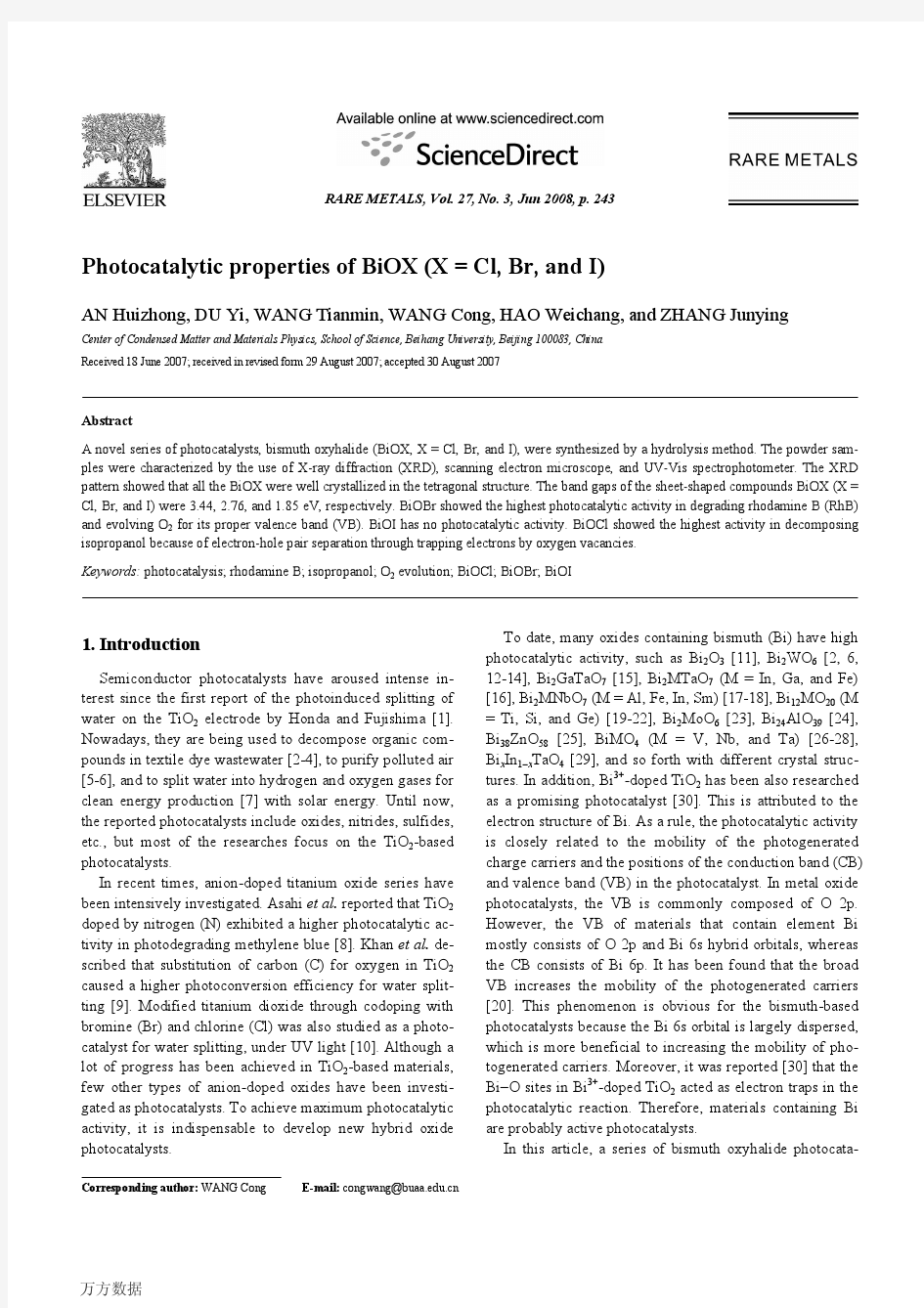 Photocatalytic+properties+of+BiOX+(X=Cl,+Br,+and+I)