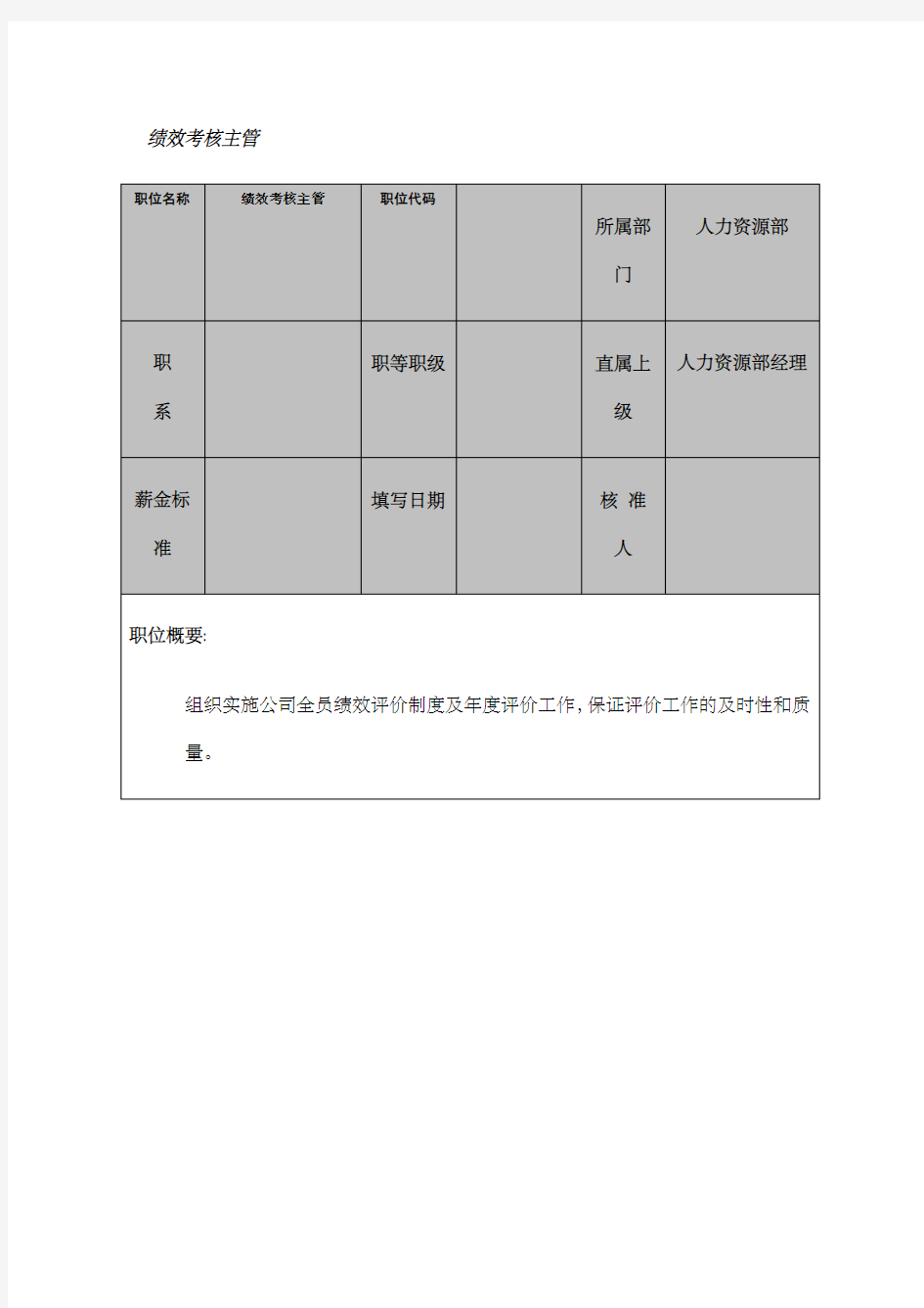 岗位职责大全绩效考核主管