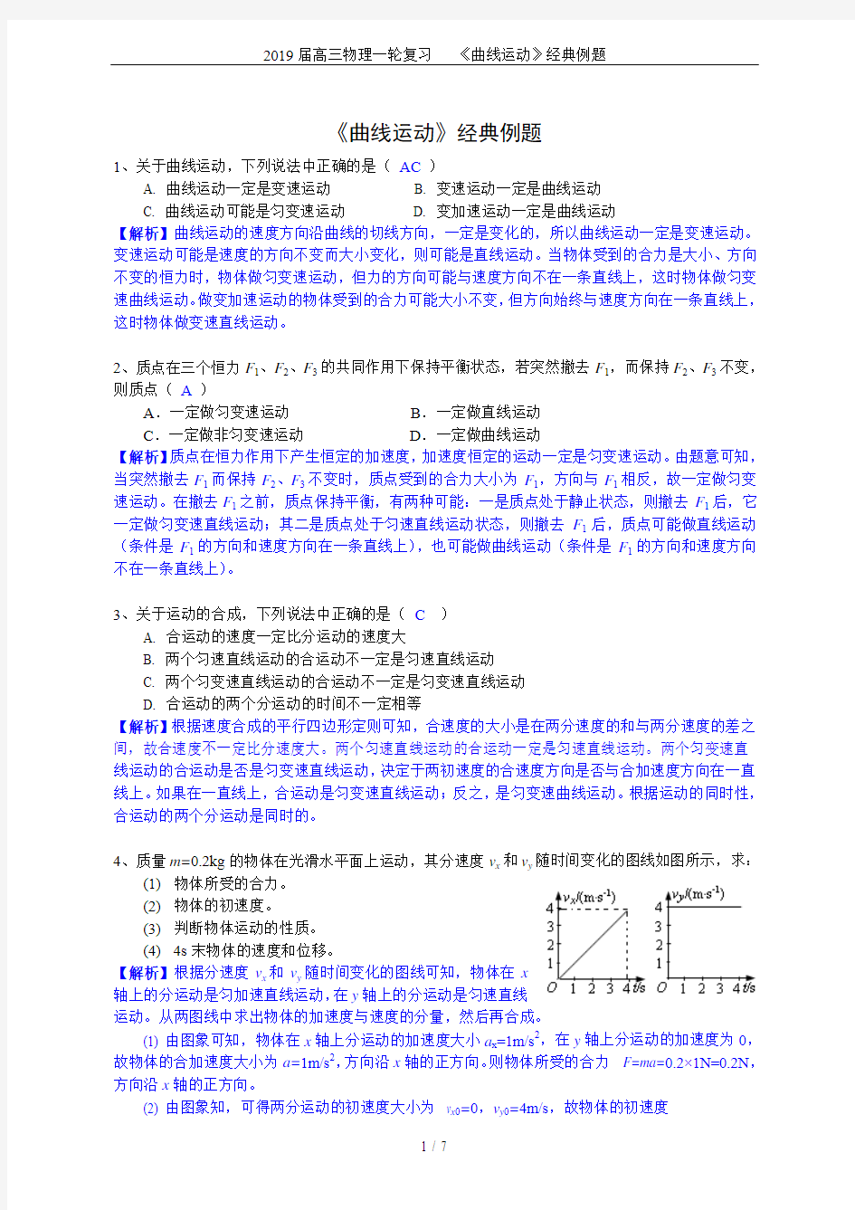 2019届高三物理一轮复习   《曲线运动》经典例题