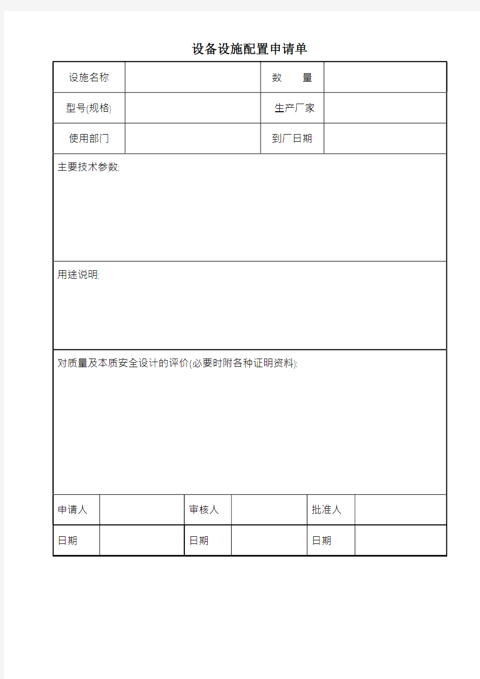 设备设施配置申请表1