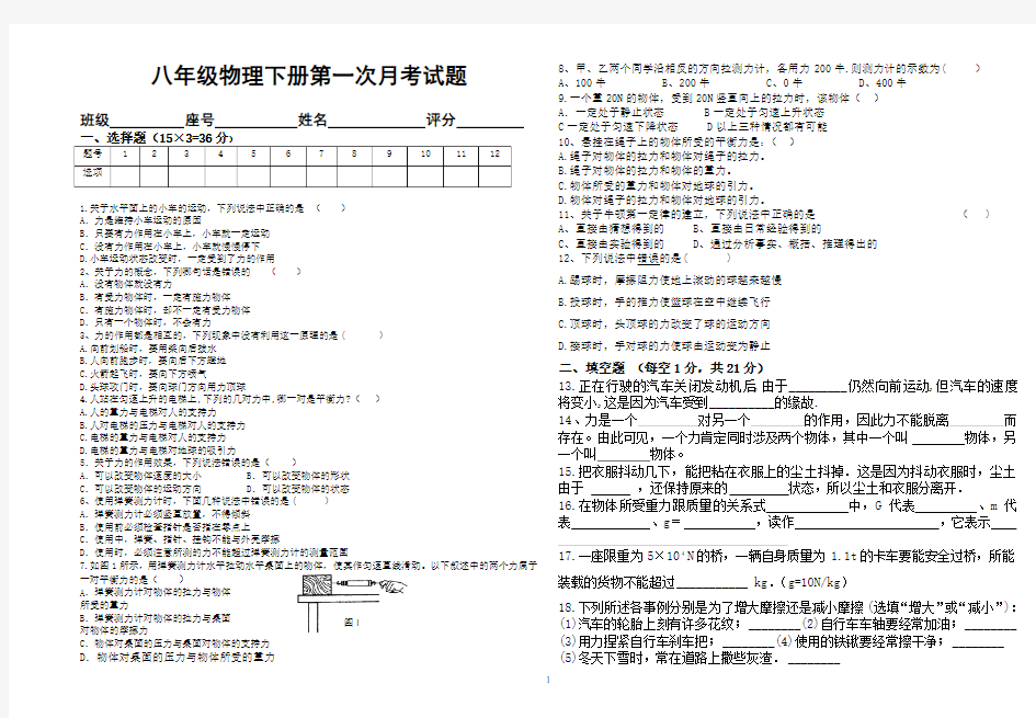 2019物理八年级下册第一次月考(含答案)