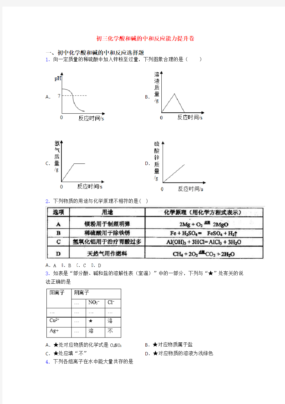 初三化学酸和碱的中和反应能力提升卷