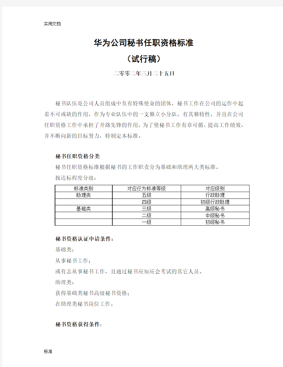 华为公司管理系统秘书任职资格实用标准