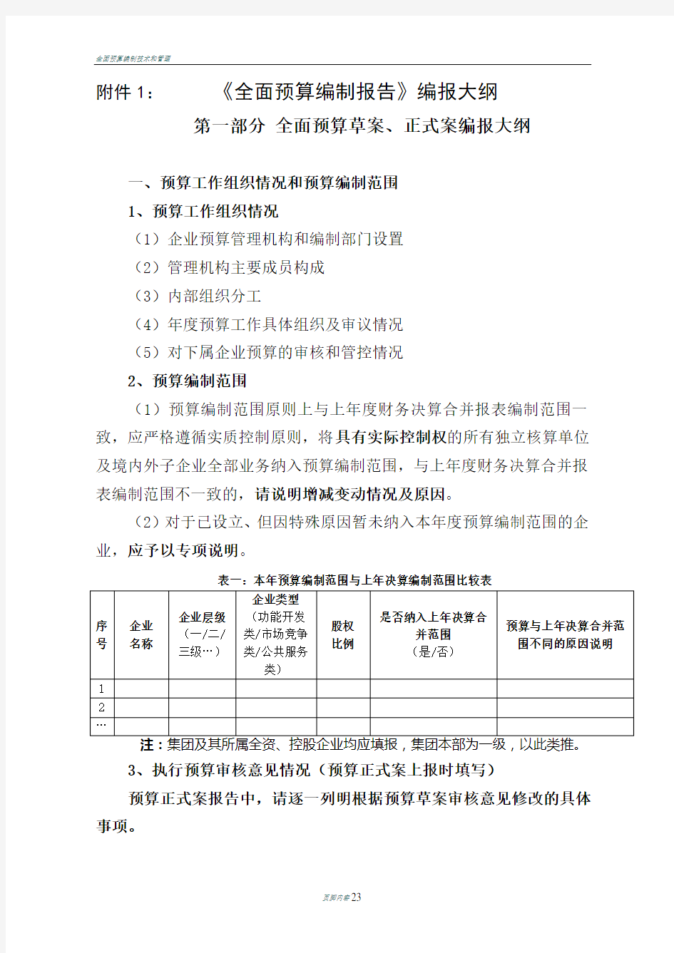 全面预算编制报告编报大纲