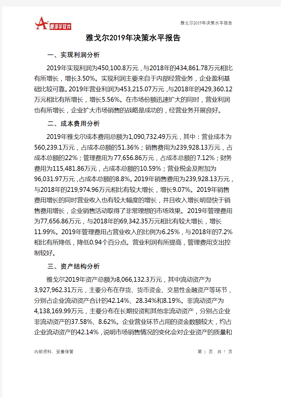 雅戈尔2019年决策水平分析报告