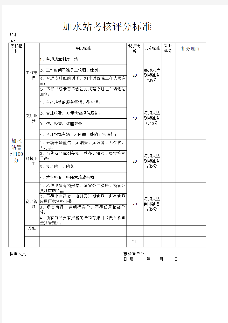 高速公路服务区、停车区、加水站服务质量及考核评定标准(范本)