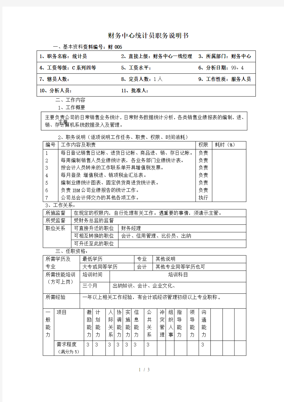 财务中心统计员职务说明书