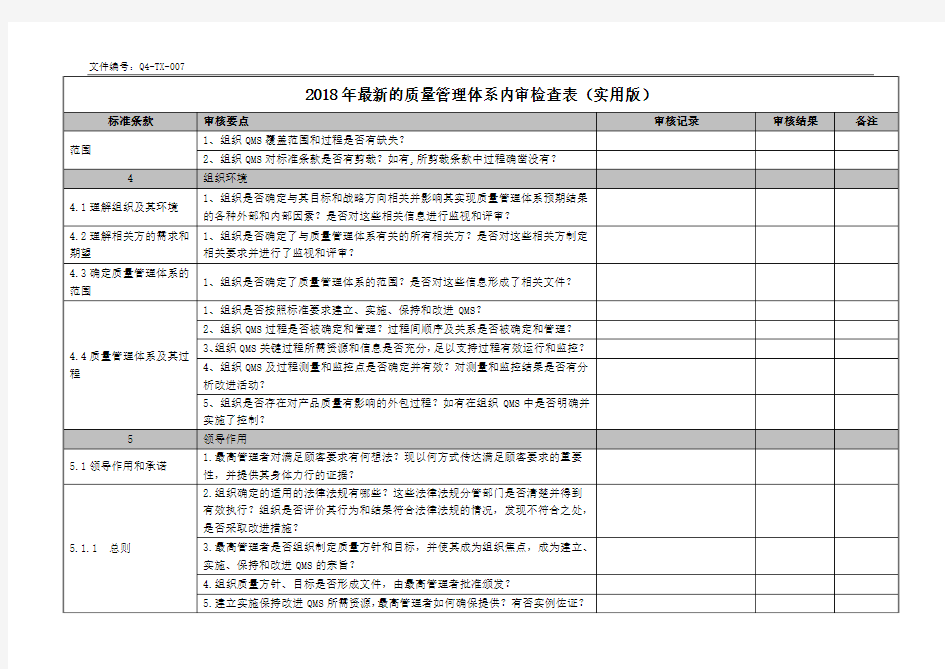 2018年最新的质量管理体系内审检查表(实用版)