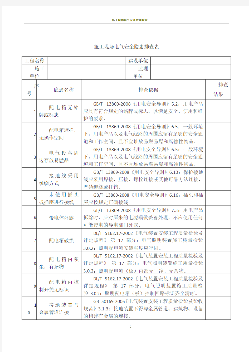 施工现场电气安全隐患排查表