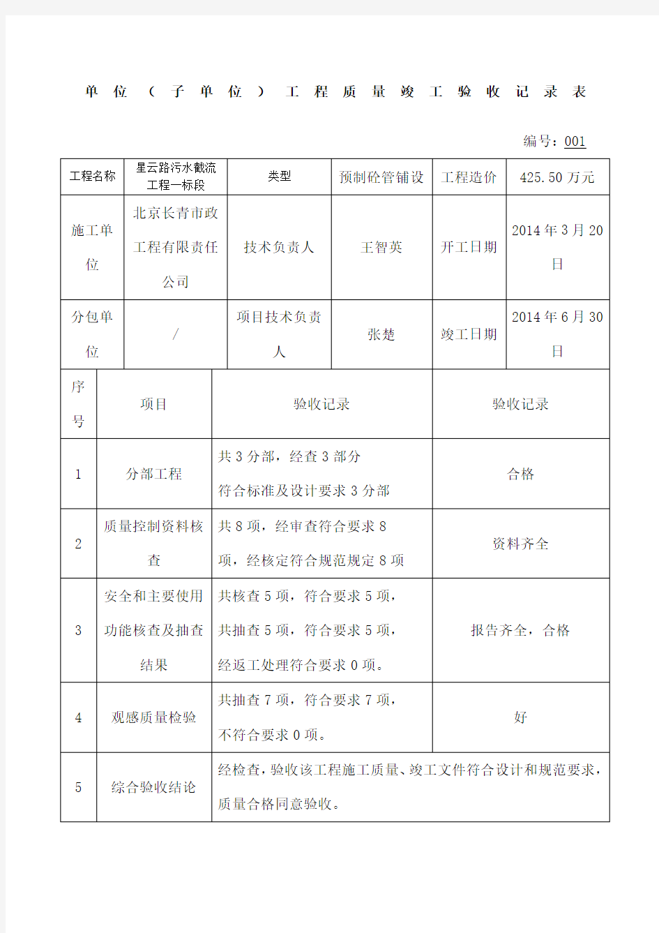 单位子单位工程质量竣工验收记录表