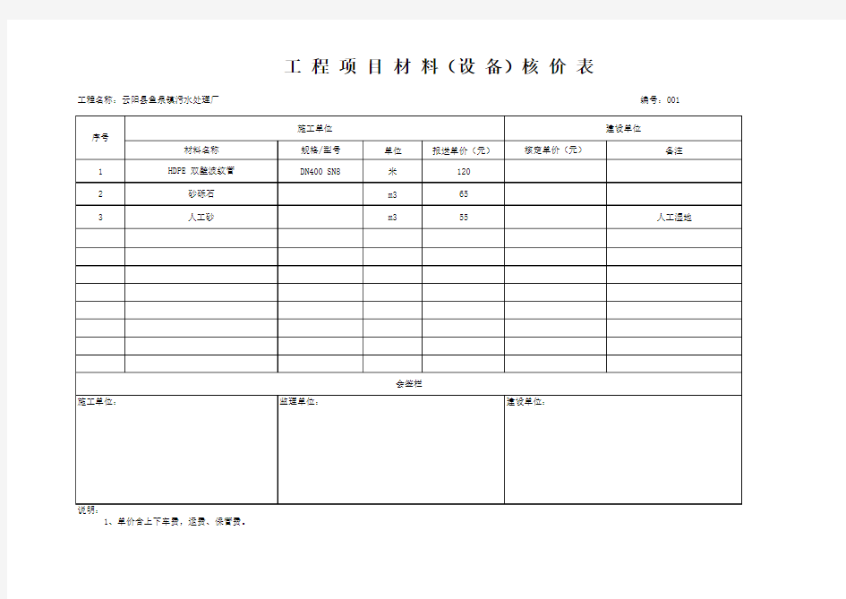 材料价格核价单表格