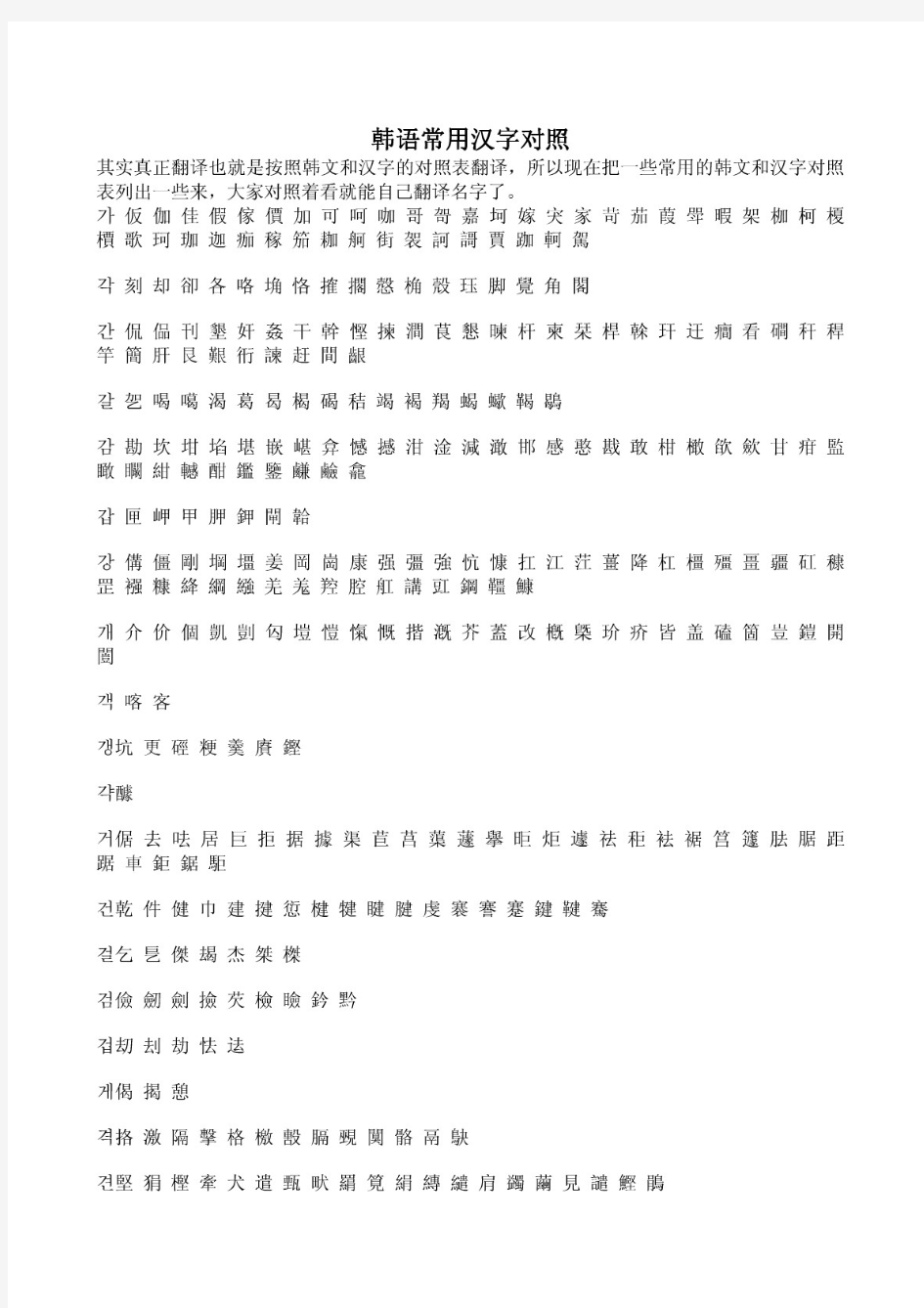 韩国语常用汉字对照表