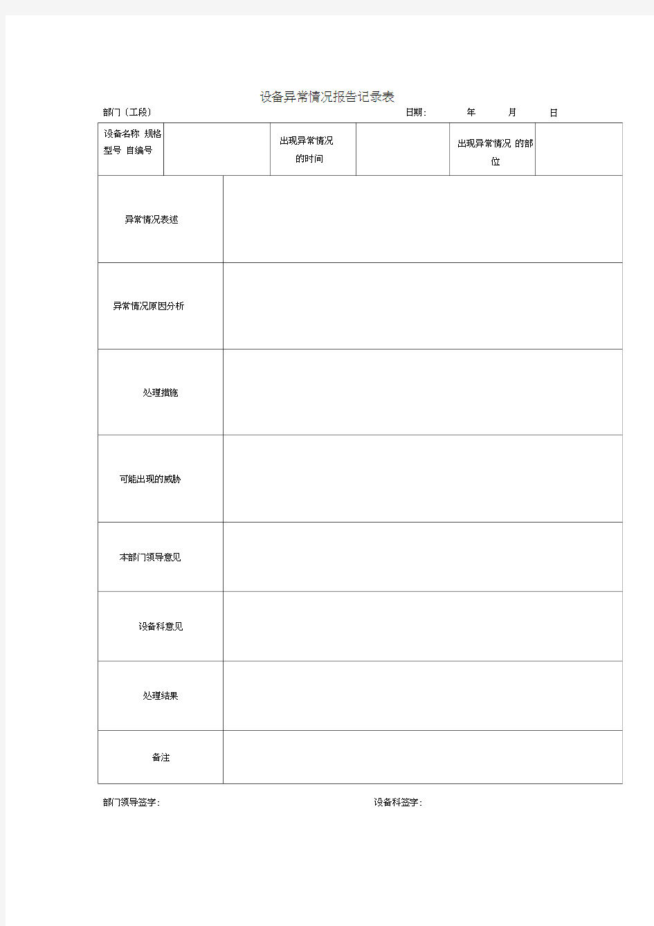 设备异常情况报告记录表Word格式