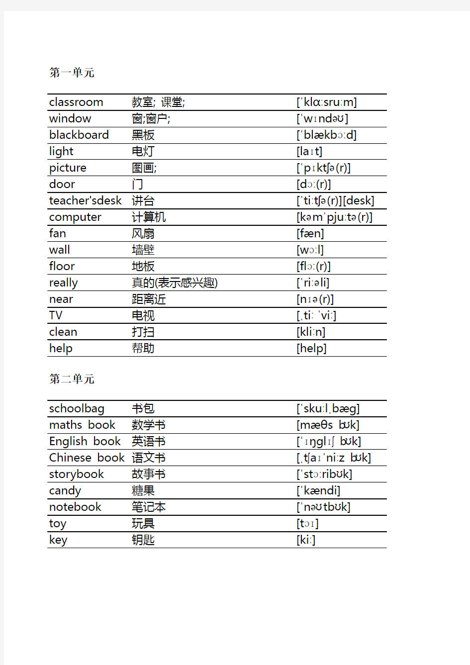 部编版英语四年级上册单词表