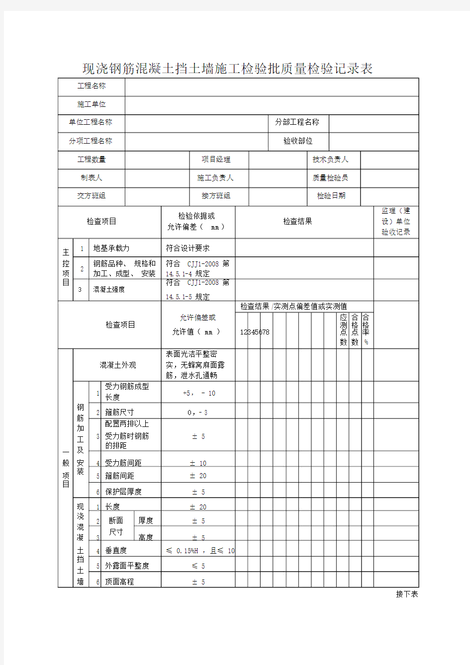 现浇钢筋混凝土挡土墙施工检验批质量检验记录表.doc