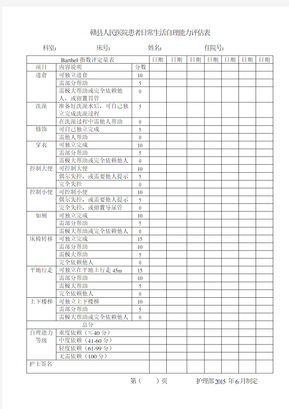 患者日常生活自理能力评估表)