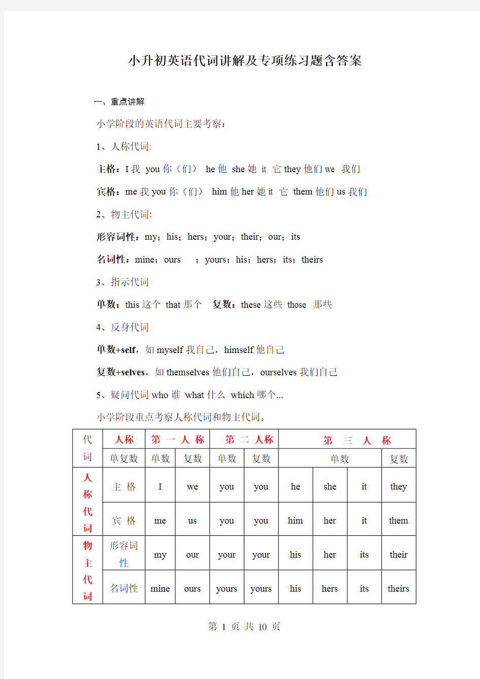小升初英语代词讲解及专项练习题含答案
