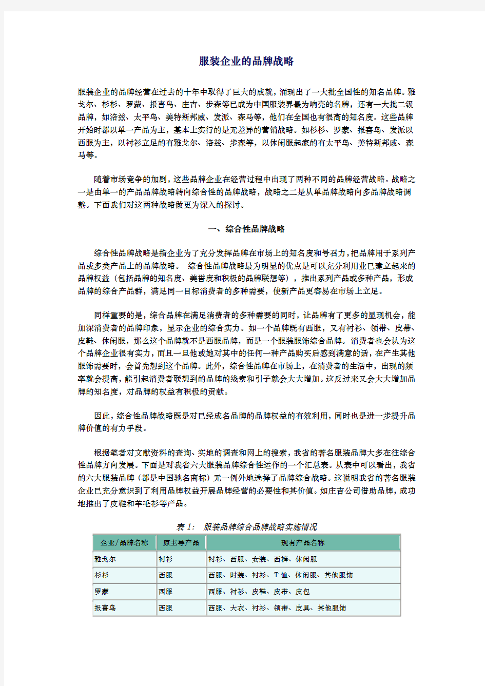 某服装企业的品牌战略分析报告