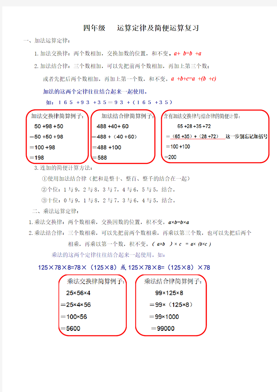 人教版  四下  运算定律及简便运算题型归纳