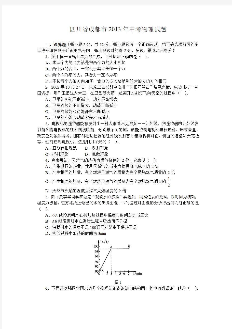 2013年四川省成都市中考物理试题及答案