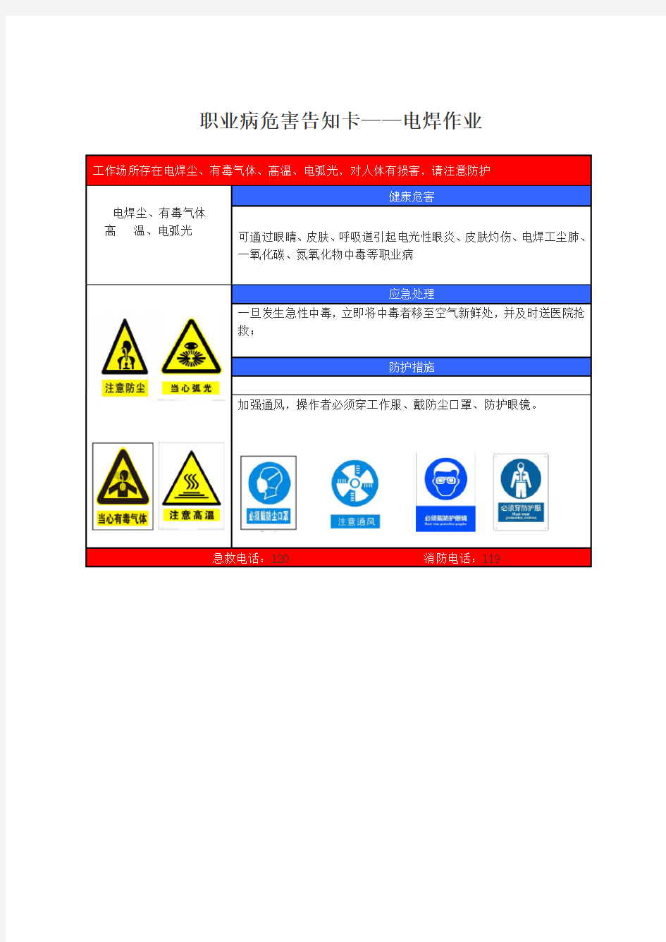 电焊作业职业病危害告知卡