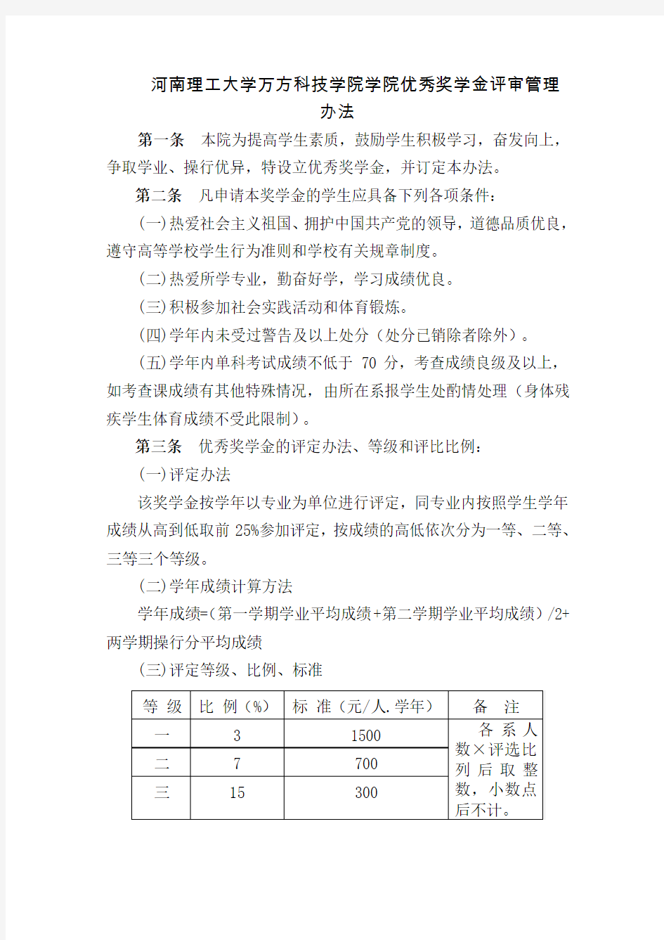 河南理工大学万方科技学院优秀奖学金评定办法11.10.5