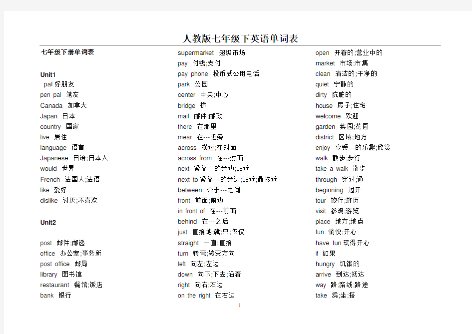 人教版七年级下英语单词表