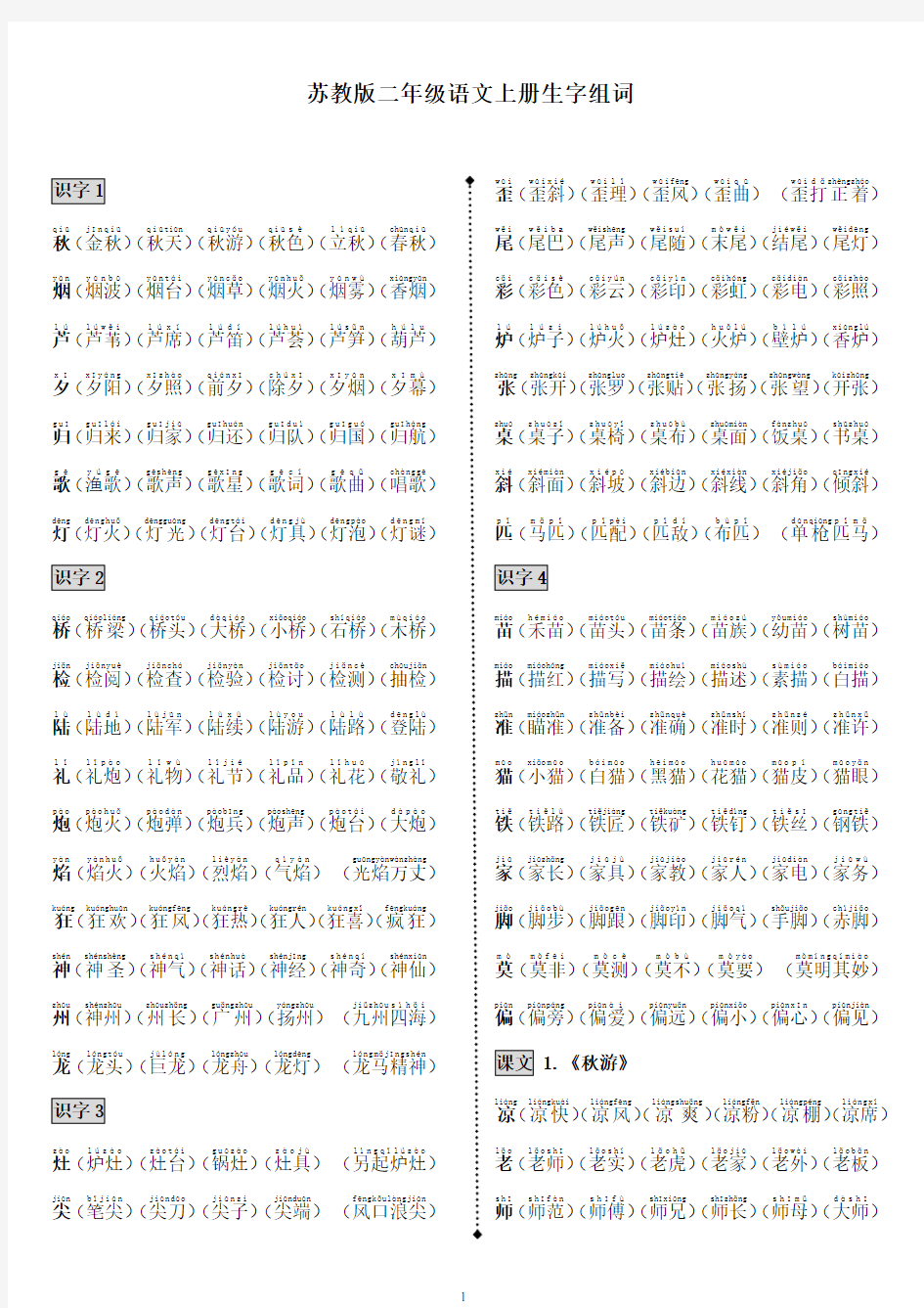 苏教版小学语文二年级上册生字组词(带拼音)