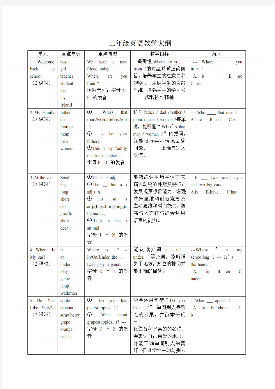 三年级英语教学大纲