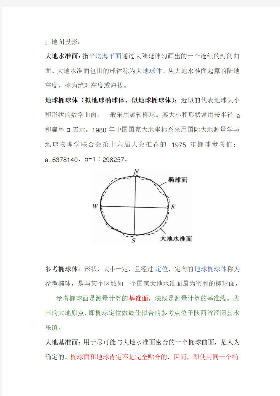 大地水准面、参考椭球体、基准面、地图投影之关系