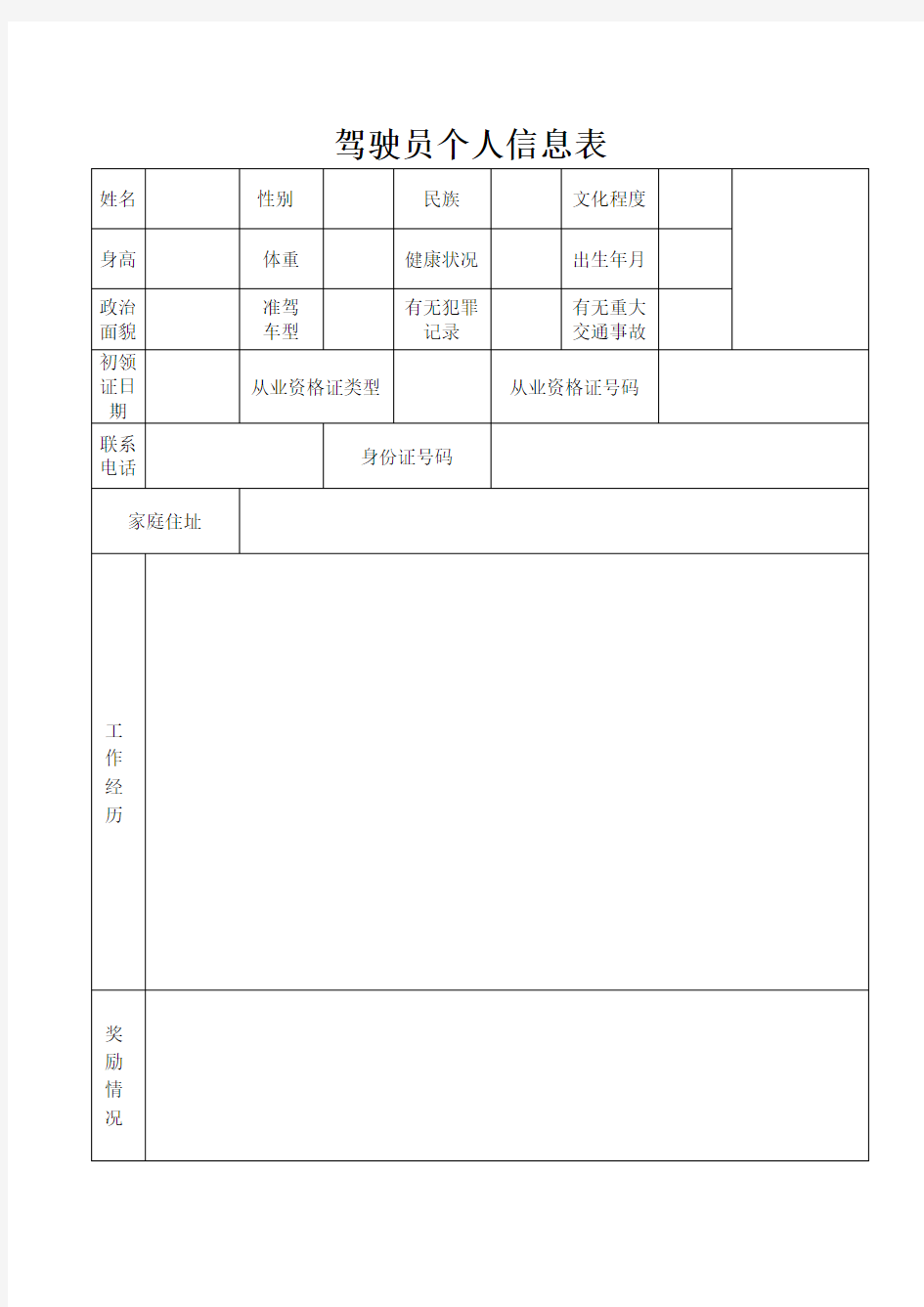 驾驶员个人信息表