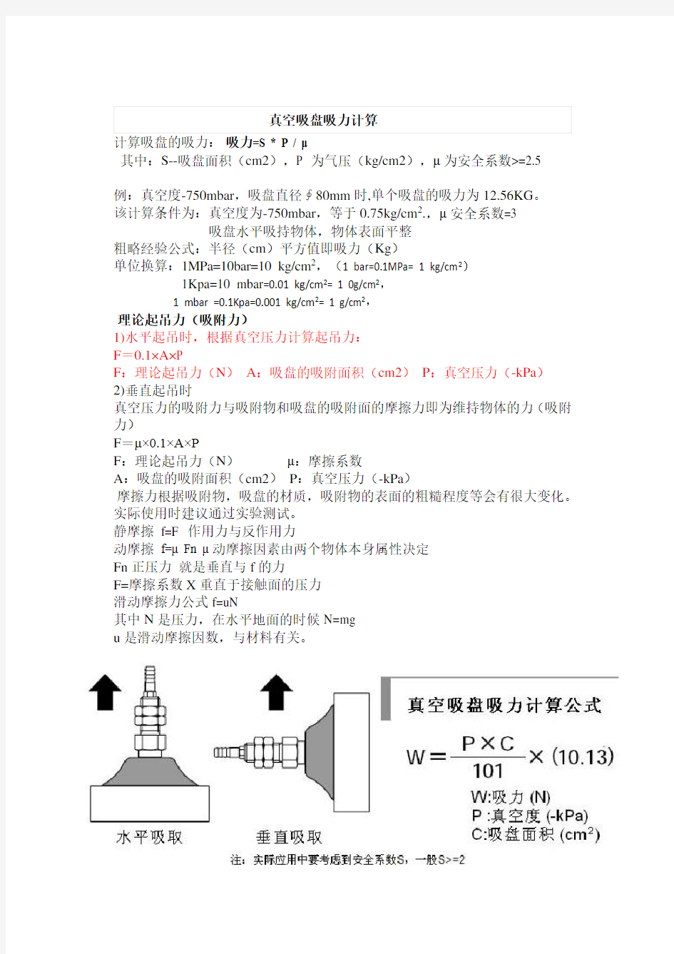 真空吸盘吸力计算公式