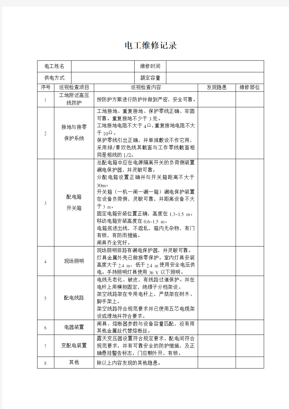 电工巡视维修记录表(含内容)