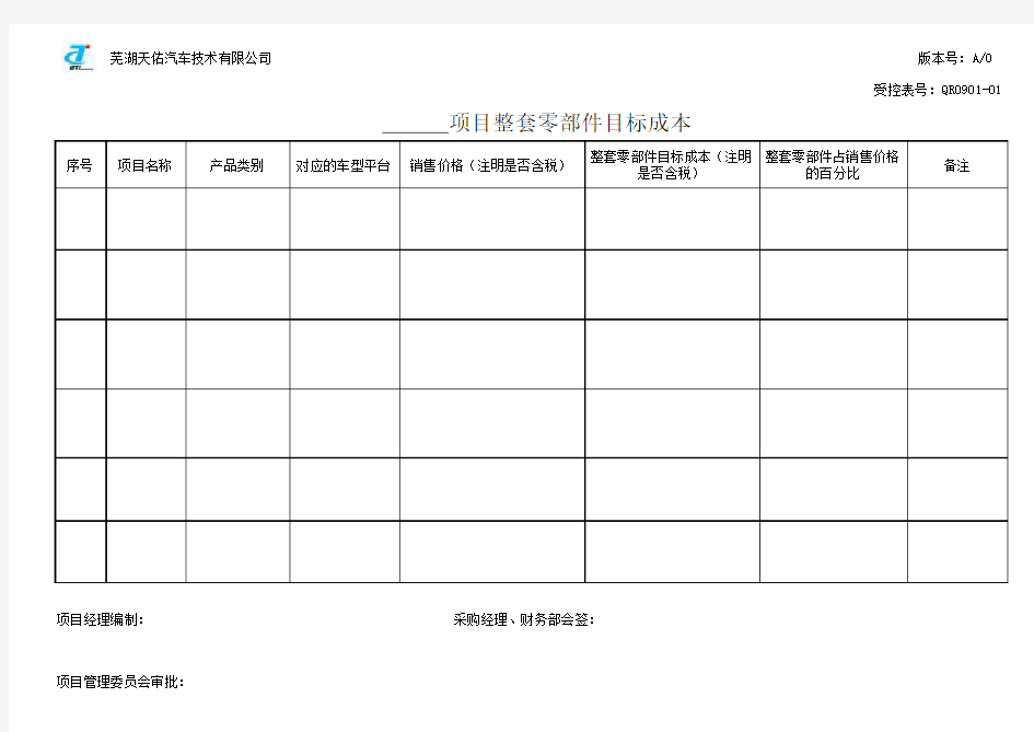 XX项目整套产品目标成本