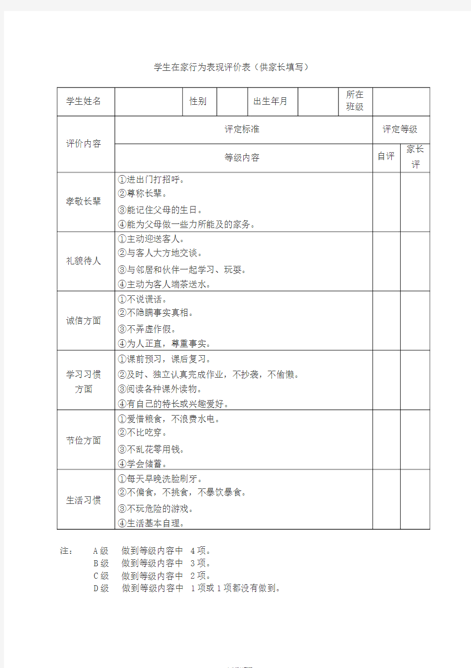 学生在家行为规范评价表(供家长填写)