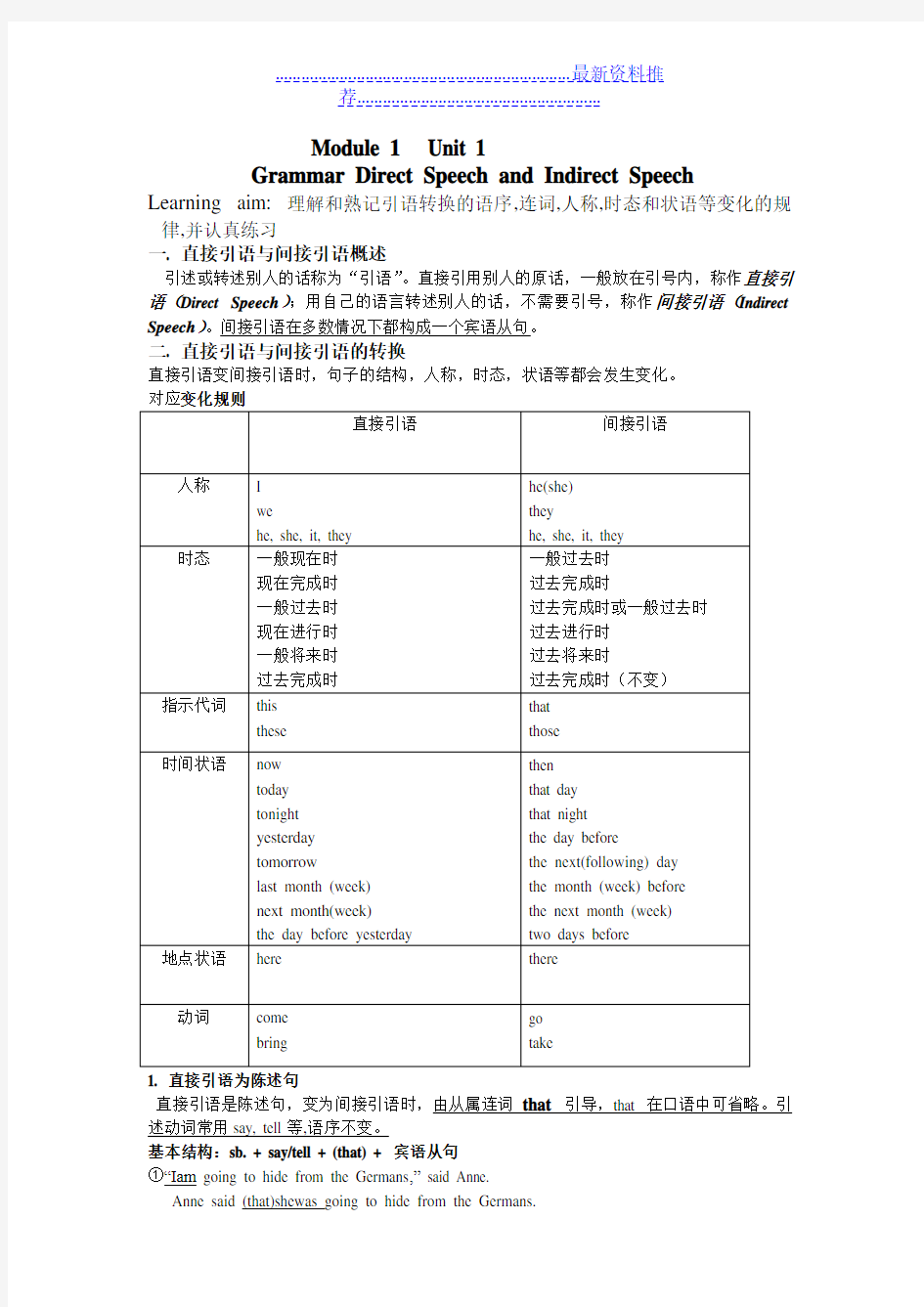 人教版高一英语-直接引语