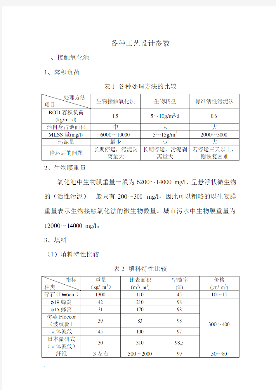 接触氧化池设计参数